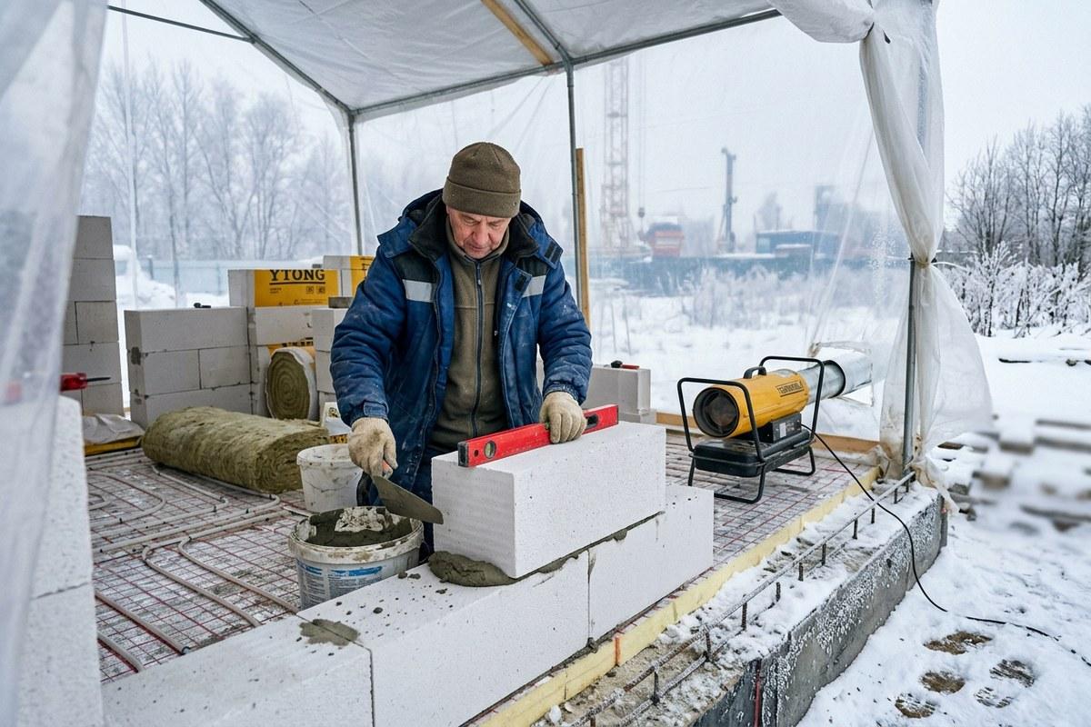 Зимняя кладка белых автоклавных газобетонных блоков на прогретом фундаменте
